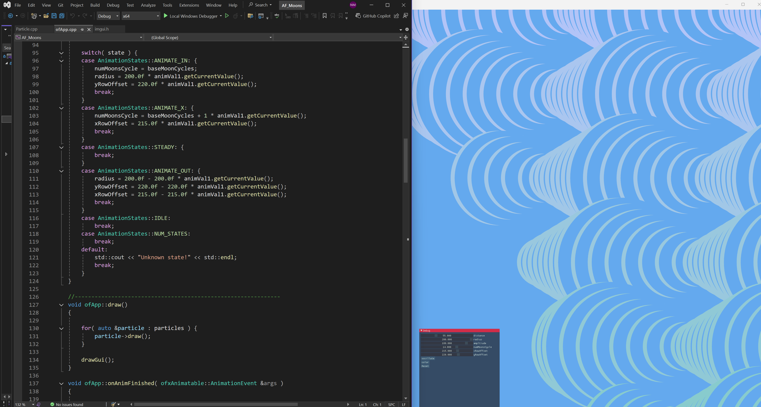 Split screen with C++ animation code on the left and a live render of layered blue crescent arches on the right.