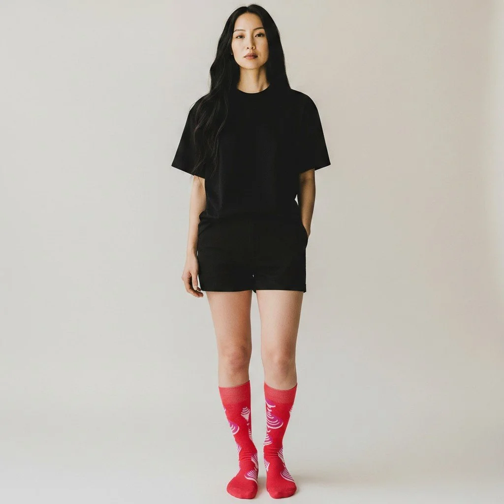 Model wearing Echo Knits knee-high socks in red arc pattern with black t-shirt and shorts, studio shot