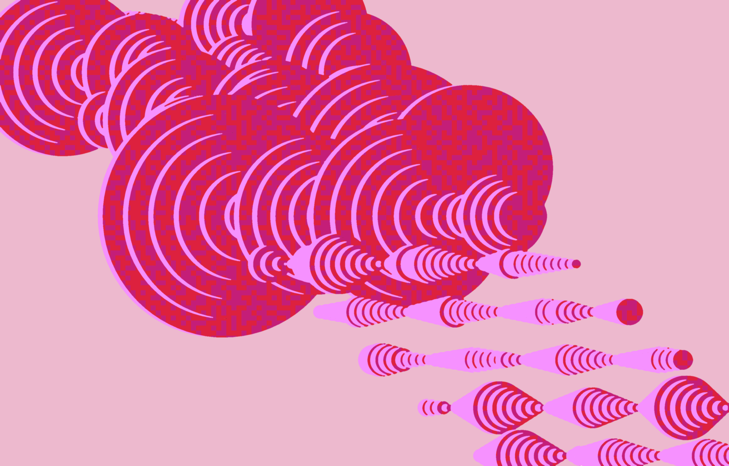 Echo Knits algorithmic pattern study, pixelated concentric circles in red and pink translating audio sentiment into knit design