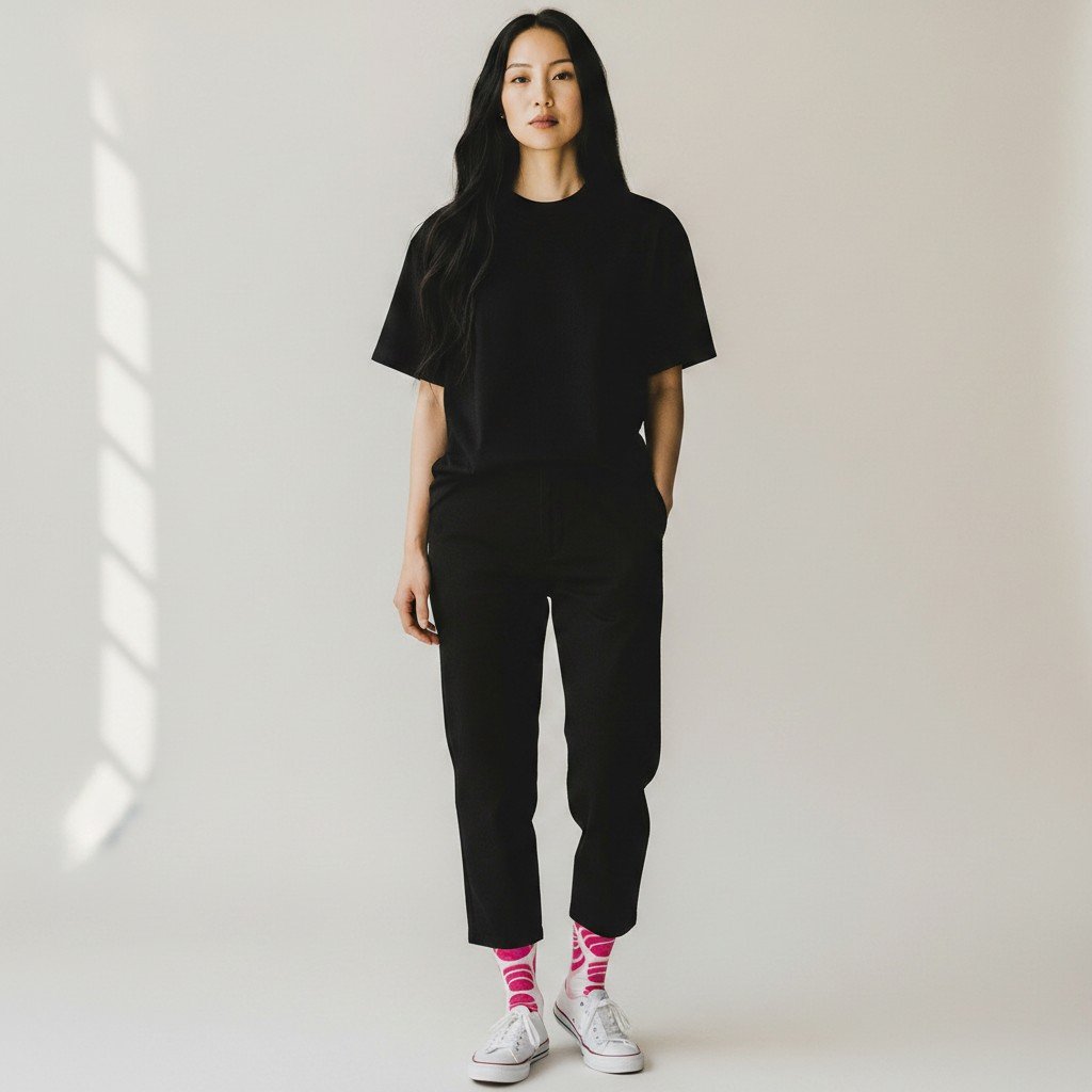 Model wearing Echo Knits crew socks in pink swirl pattern with black t-shirt, black trousers, and white sneakers