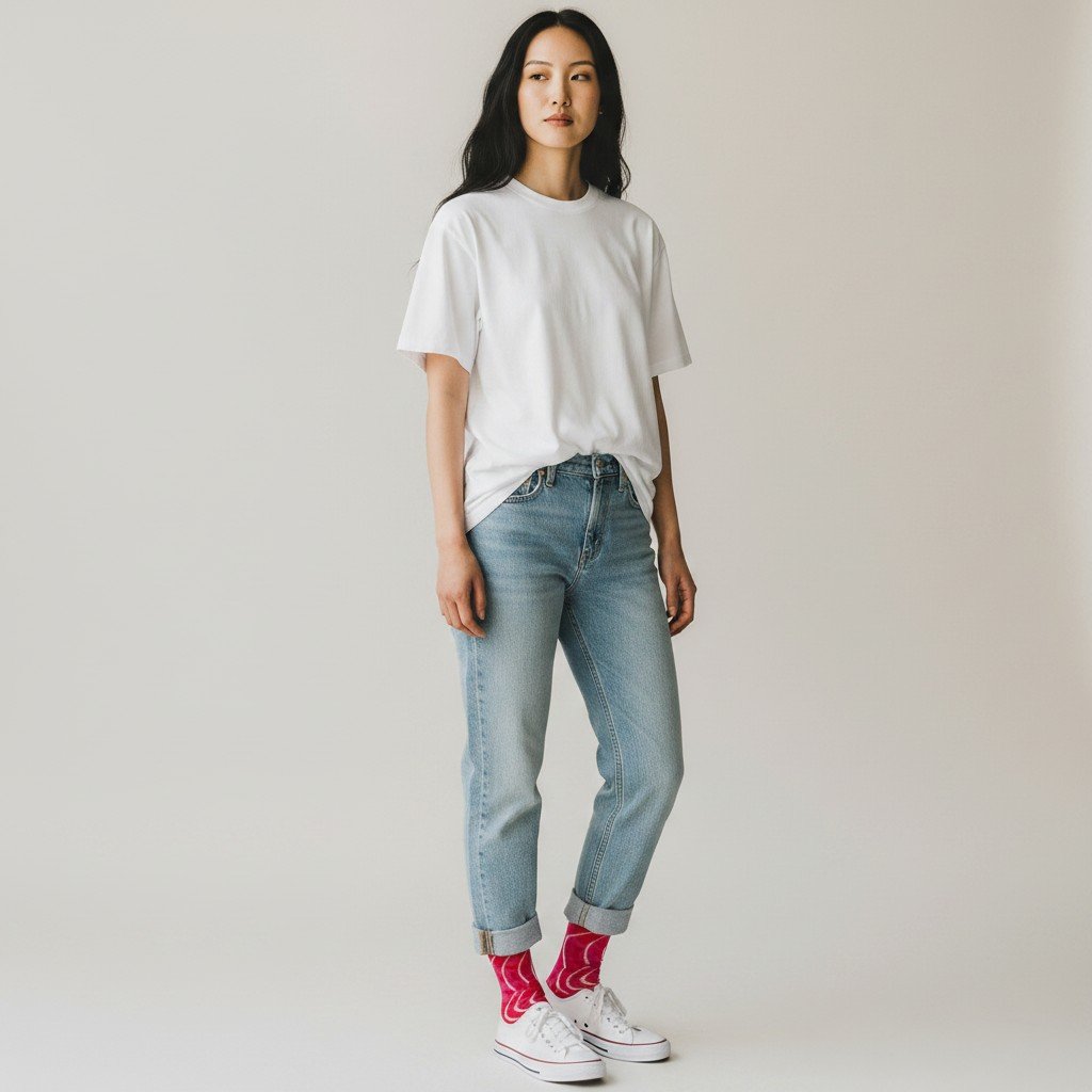 Model wearing Echo Knits crew socks in red and white stripe pattern with white t-shirt and cuffed jeans