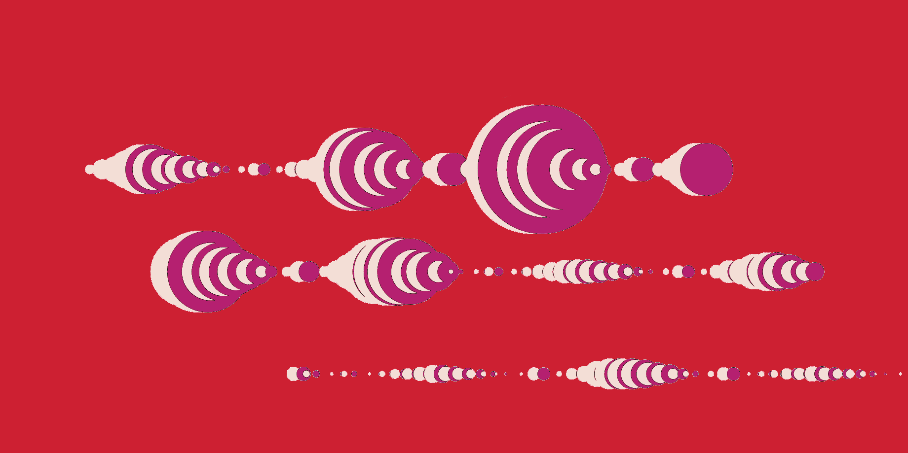 Echo Knits algorithmic pattern study, concentric circles in magenta on red generated from message frequency data