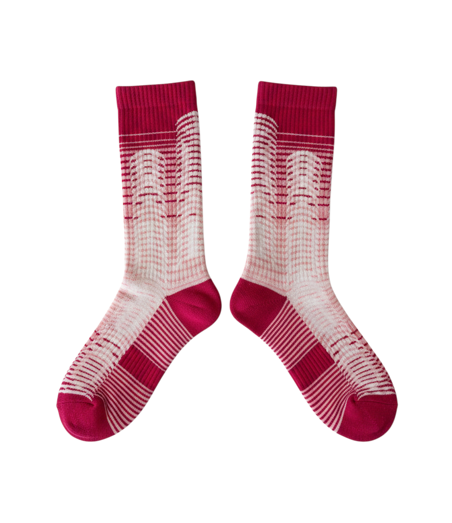 Echo Knits crew socks in pink and white with radiating rib-stripe pattern, flat lay product shot