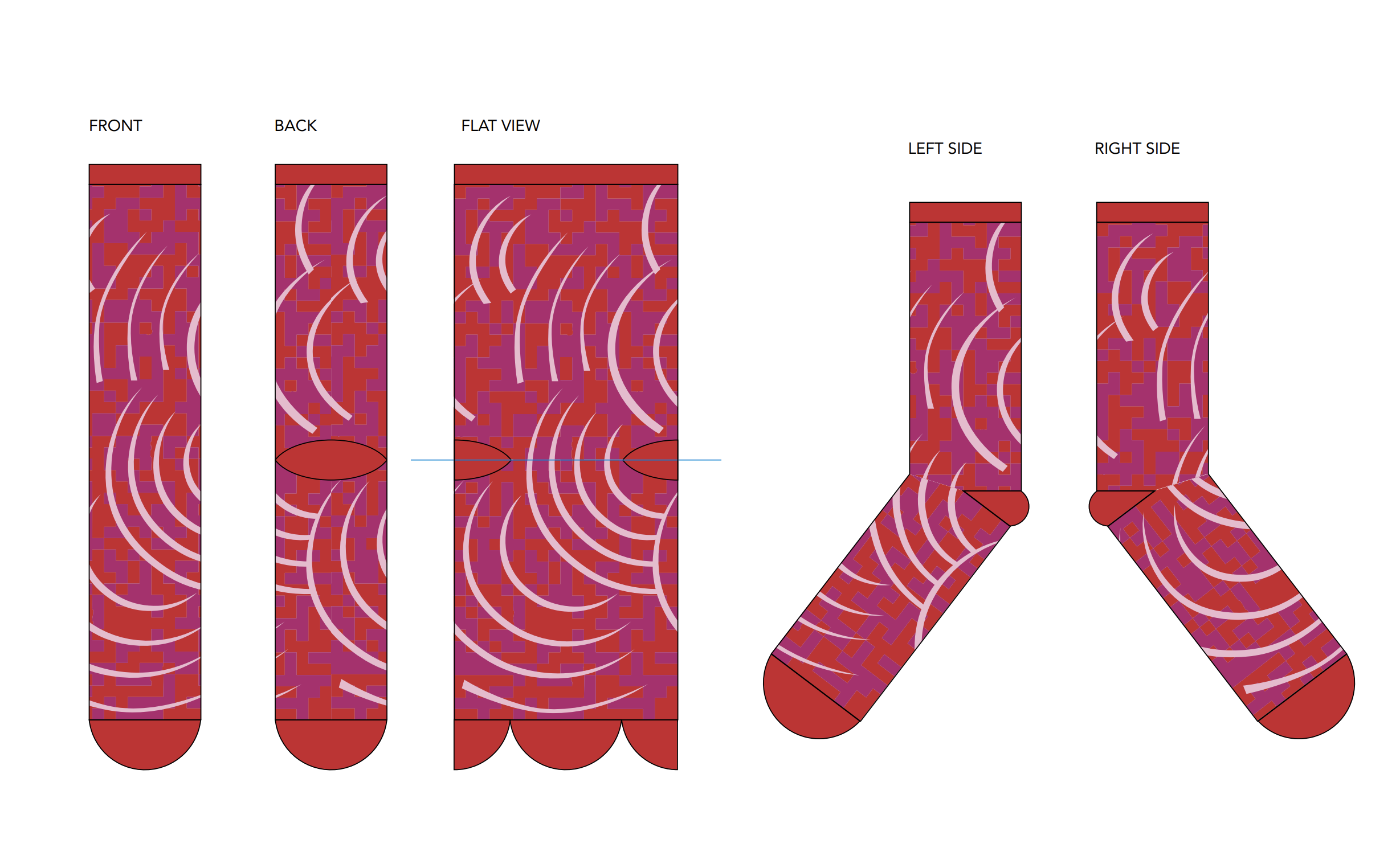 Echo Knits sock technical design spec, front, back, flat, and side views of red sock with arc and pixel-block knit pattern