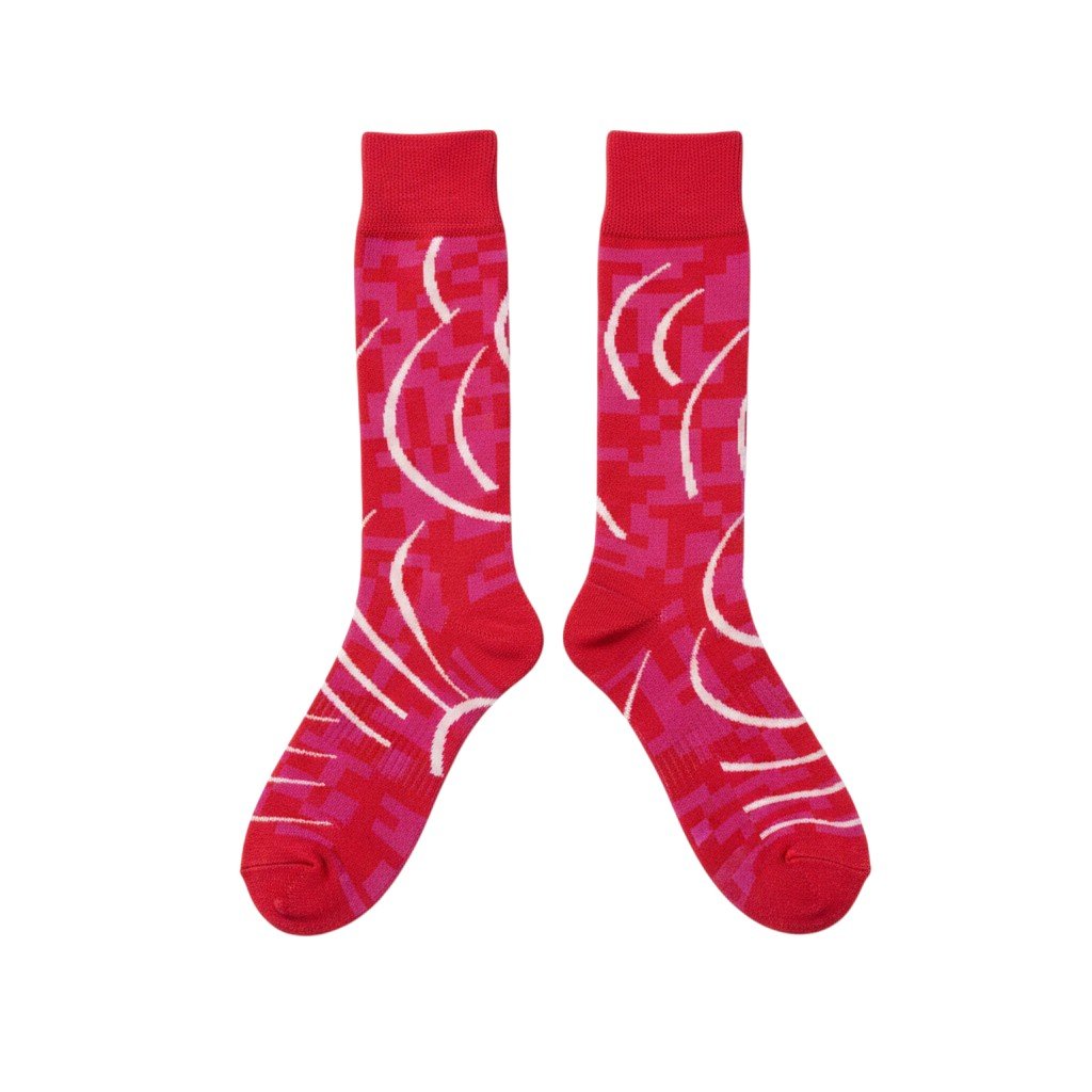 Echo Knits knee-high socks in red with pink arc and pixel-block knit pattern, flat lay product shot