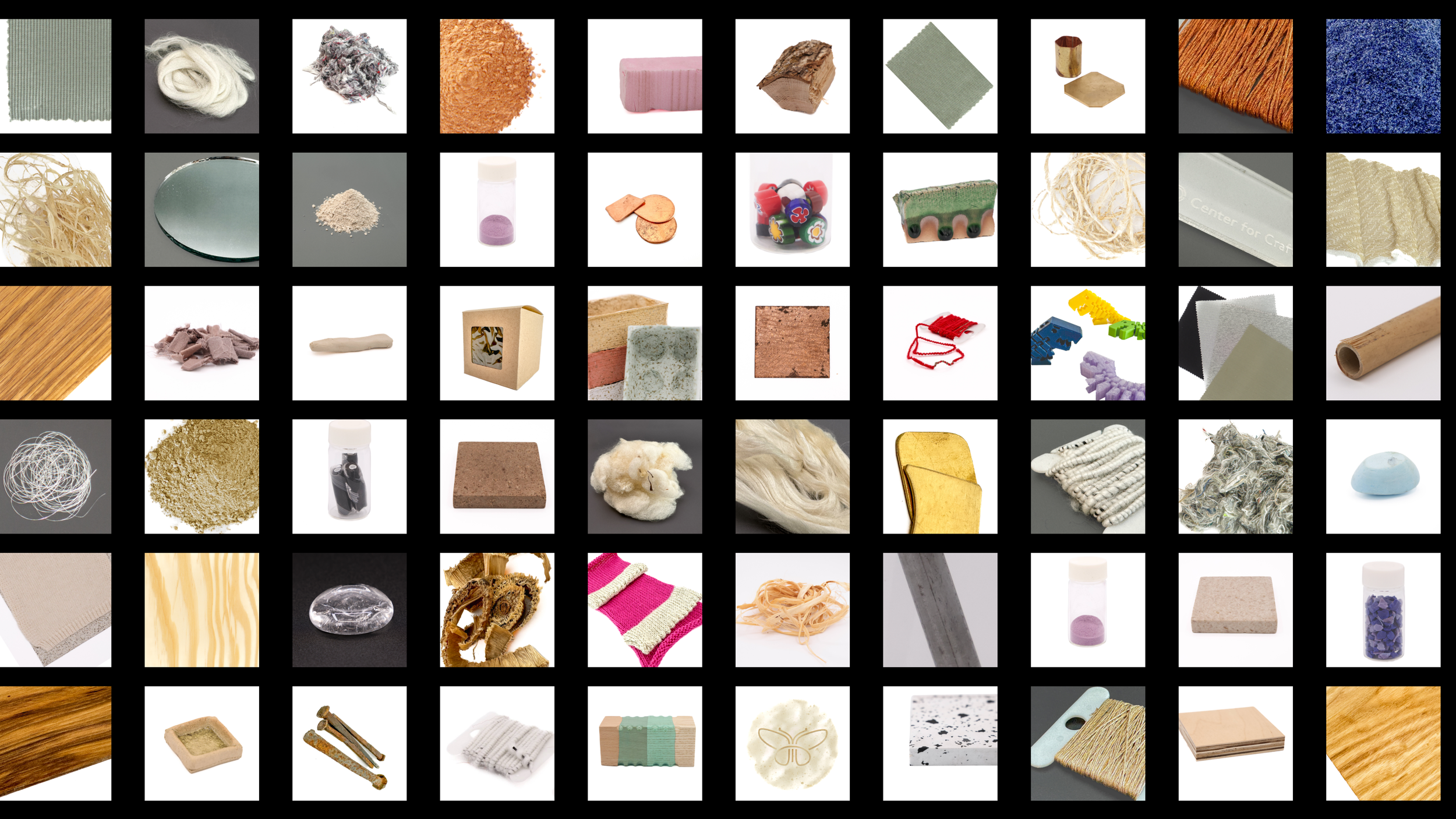 Grid view of the Materials Collection's digital catalog interface,  showing thumbnail images of over 50 common and novel craft materials,  designed by Craftwork for Center for Craft