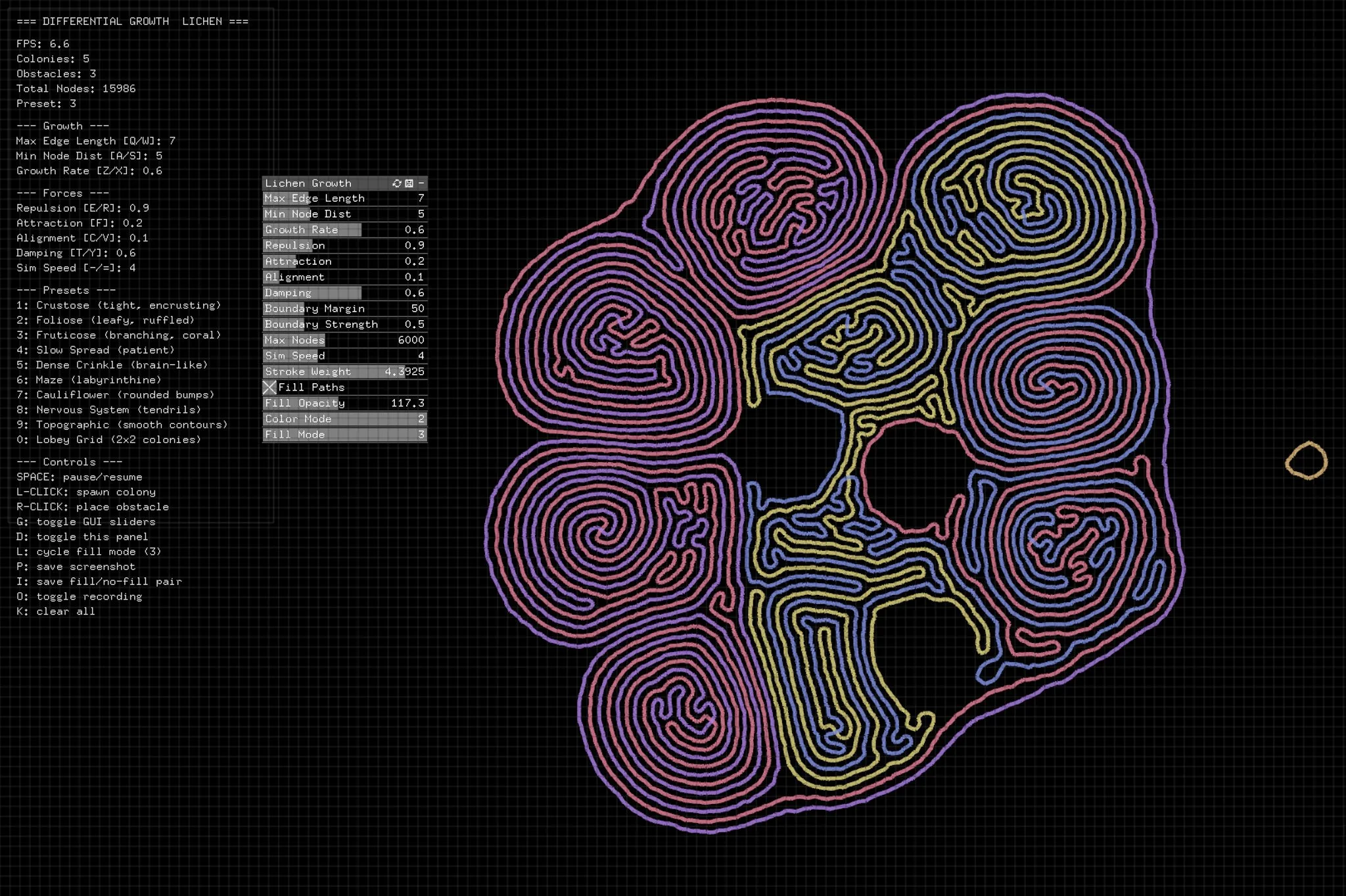 Generative lichen growth simulation software used to design weave  structures for Slow Medium, showing colorful branching colony patterns by Craftwork