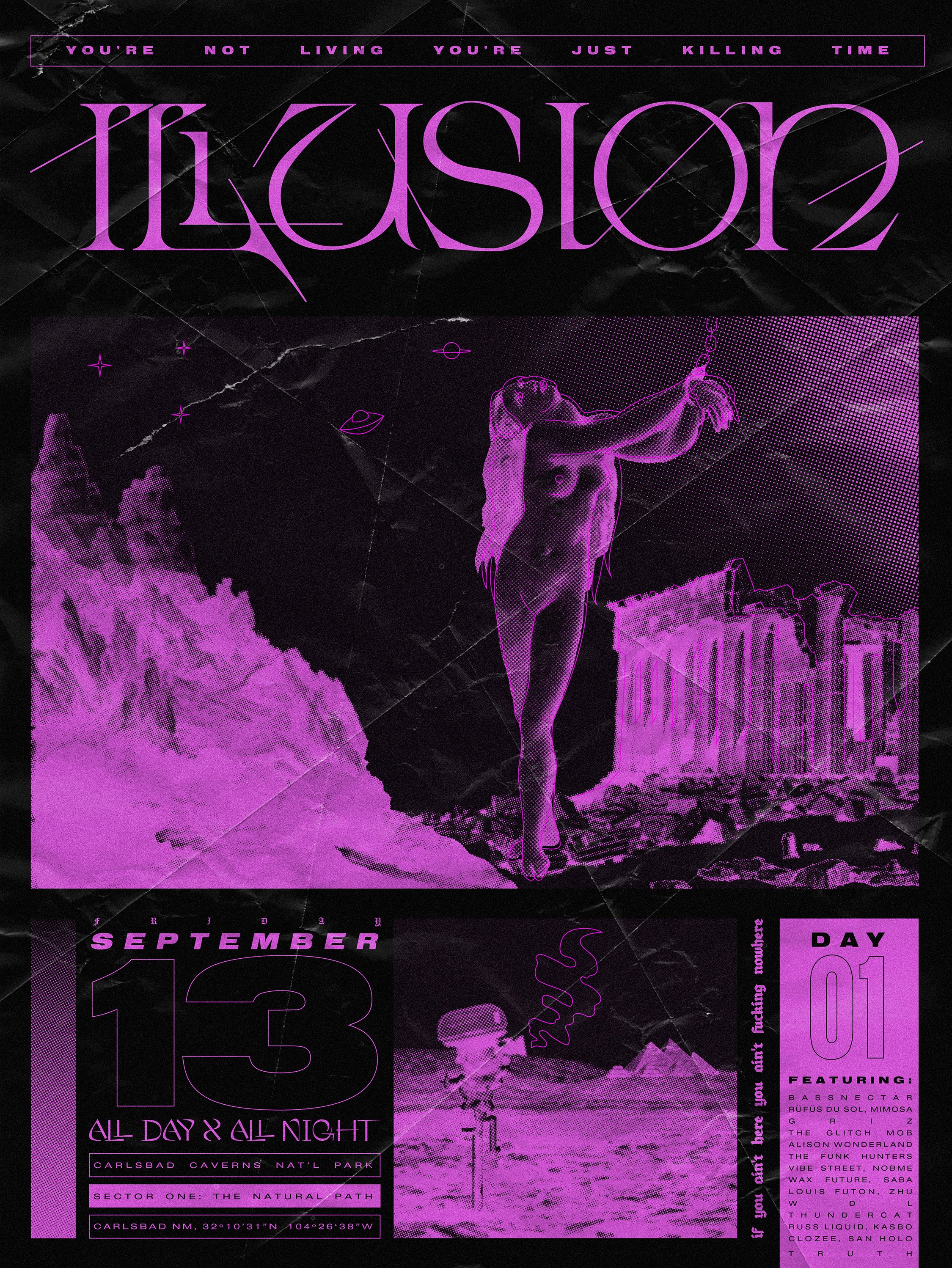Rave music festival house show dance music EDM illusion day one poster promotion