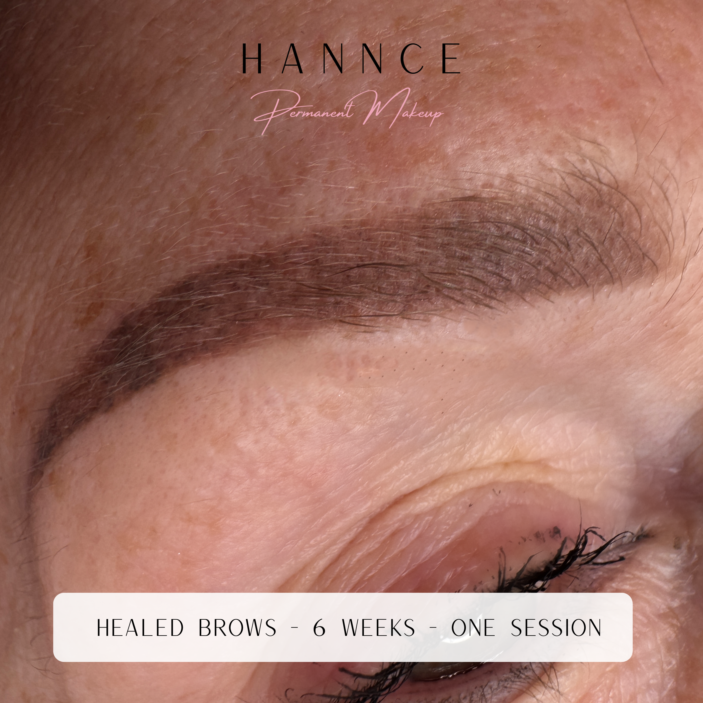 Close up of healed ombré brows 6 weeks after first treatment on mature skin by HANNCE, Stalybridge, Greater Manchester