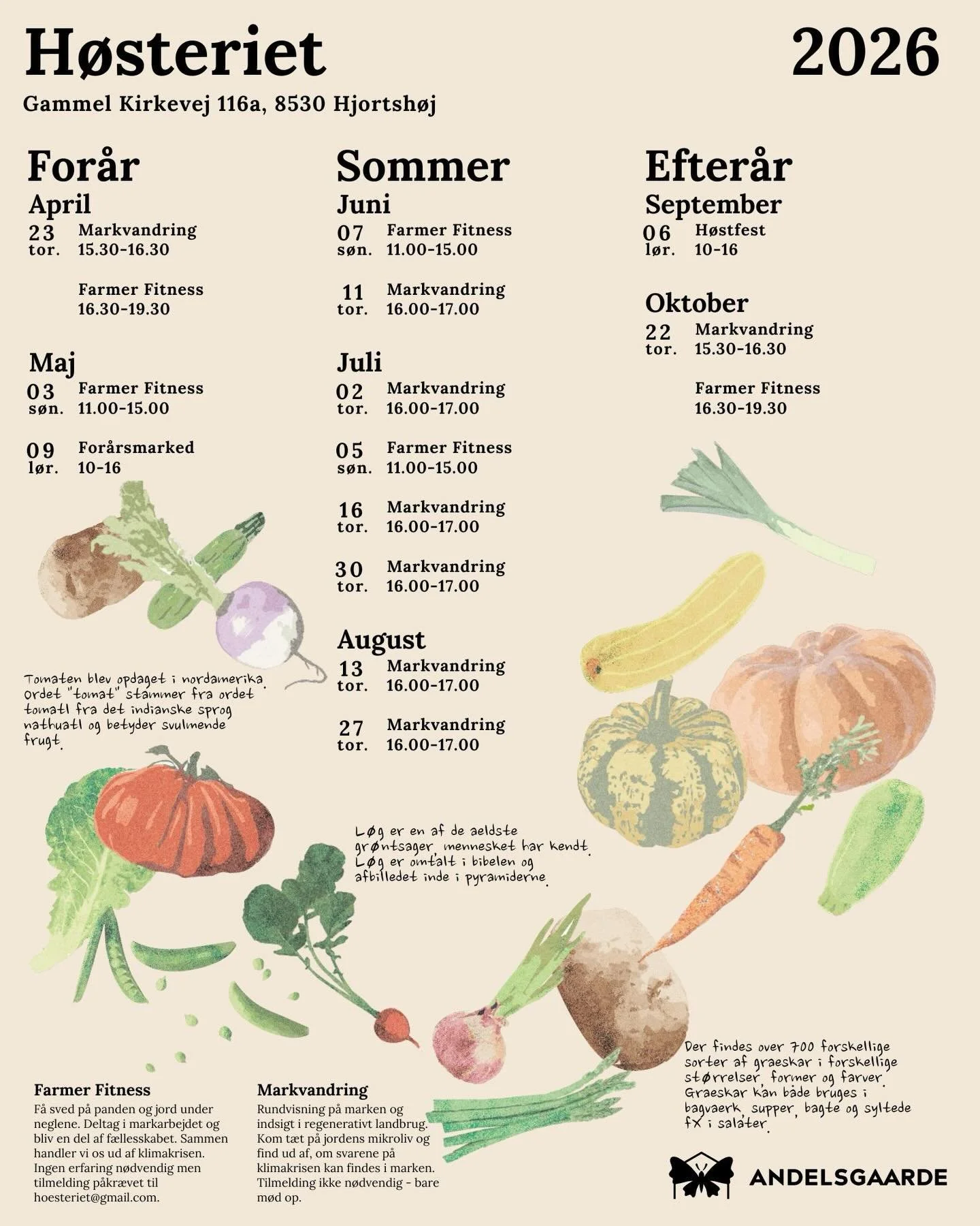 S&aelig;sonens eventkalender 2026! 🥒 🍅🥕🌶️🥦🧄

Vi dr&oslash;mmer om en s&aelig;son med en levende mark - med b&aring;de planter, dyr og mennesker. 

Tilmelding sp&oslash;rger du: Hold &oslash;je med Facebook begivenheder til det enkelte event. El
