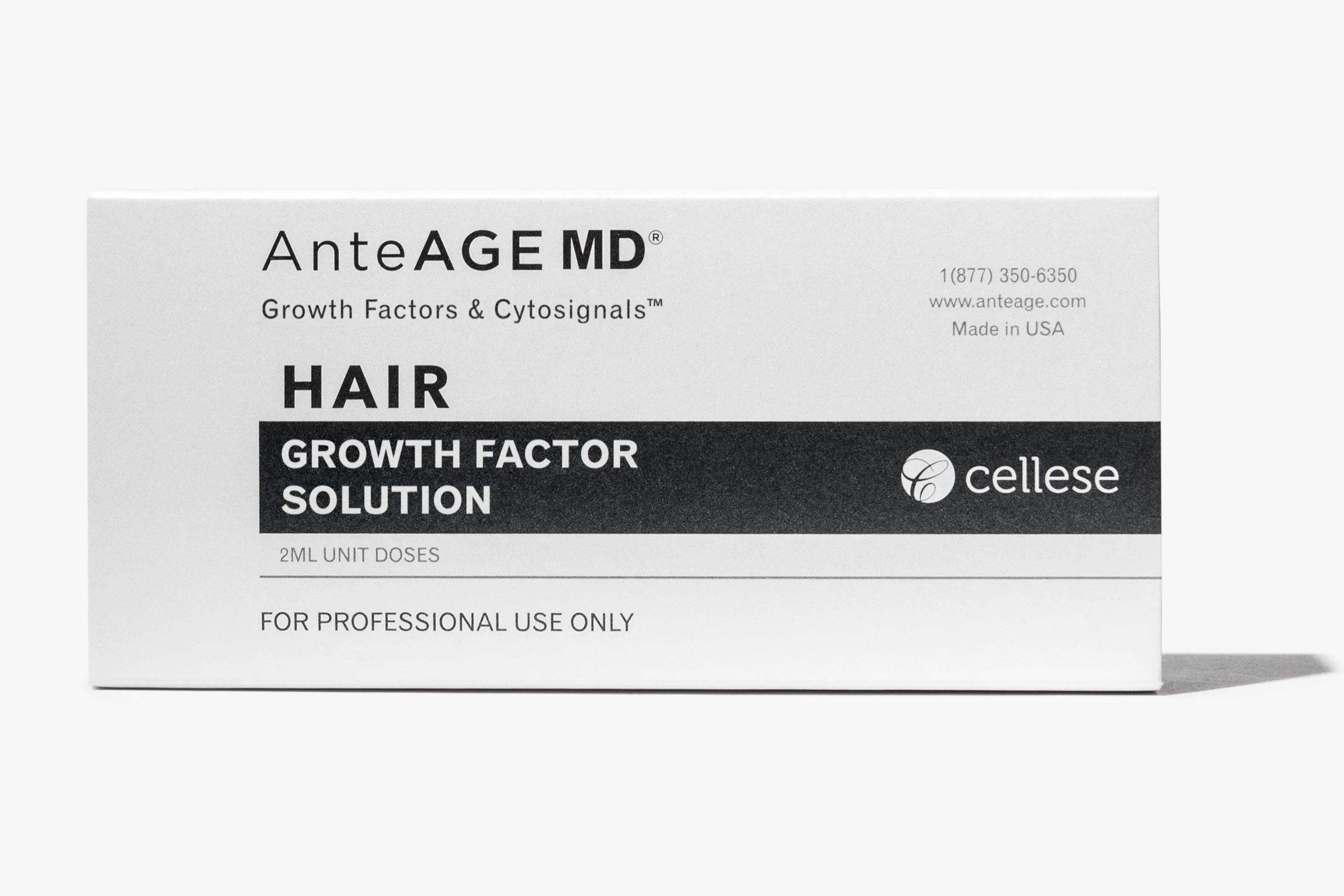 A white box labeled 'AnteAGE MD Hair Growth Factor Solution' with black text, a logo on the right, and contact information on the top right corner.