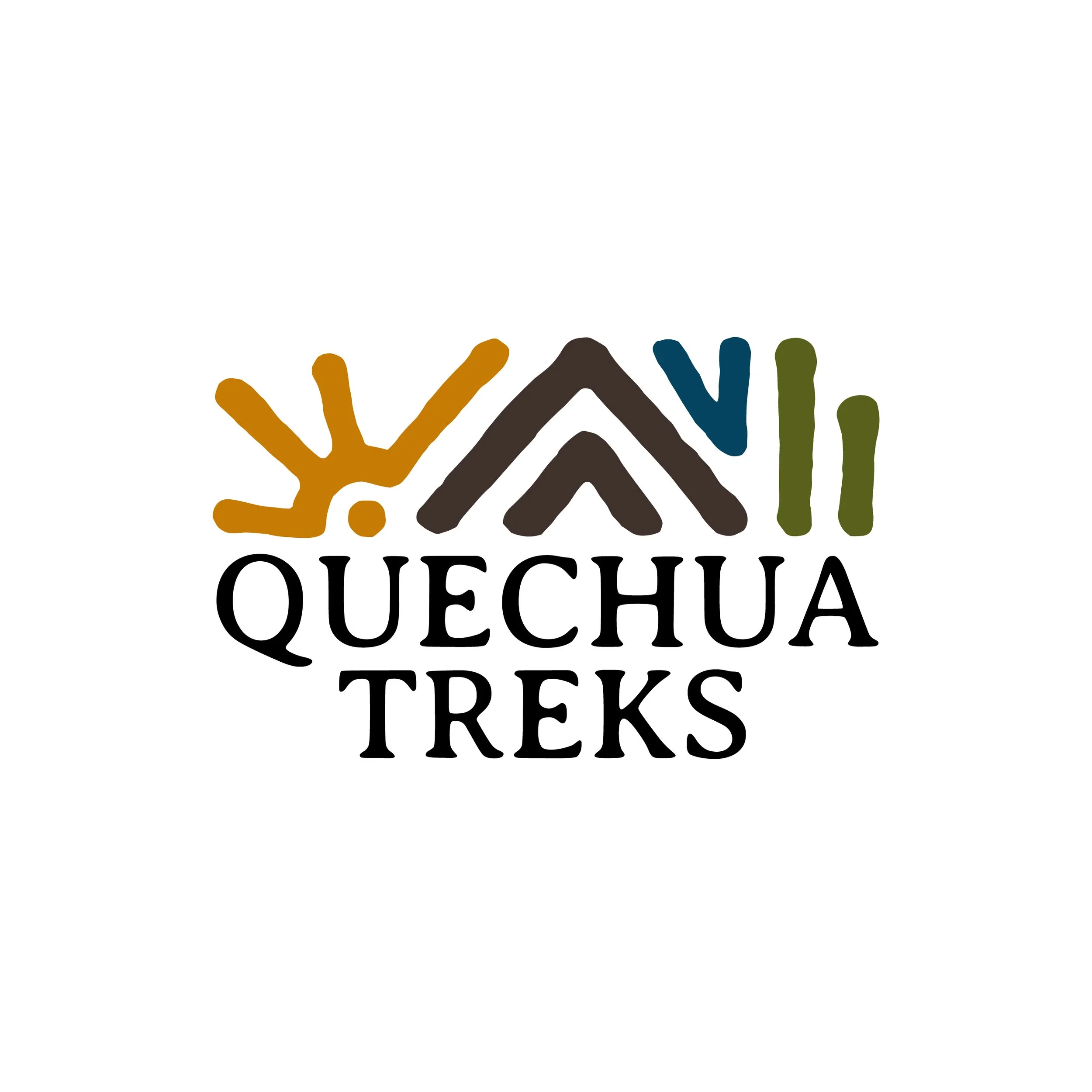 Logotipo con forma de líneas y símbolos en colores naranja, negro, azul y verde, con el texto "QUECHUA TREKS" en fuente grande y negra en el centro.