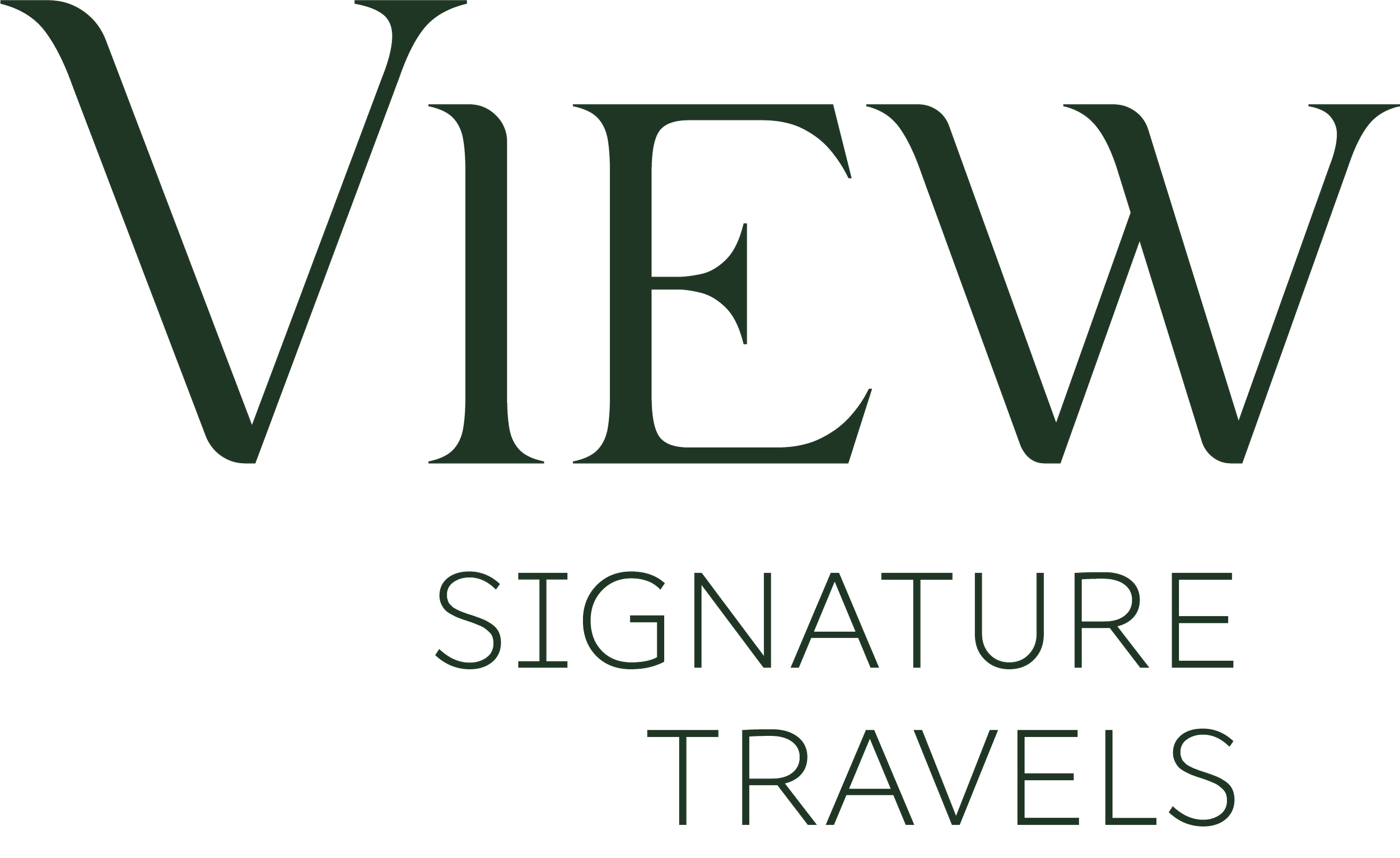 Logotipo de VIEWS Signature Travels con letras verdes y fondo blanco.