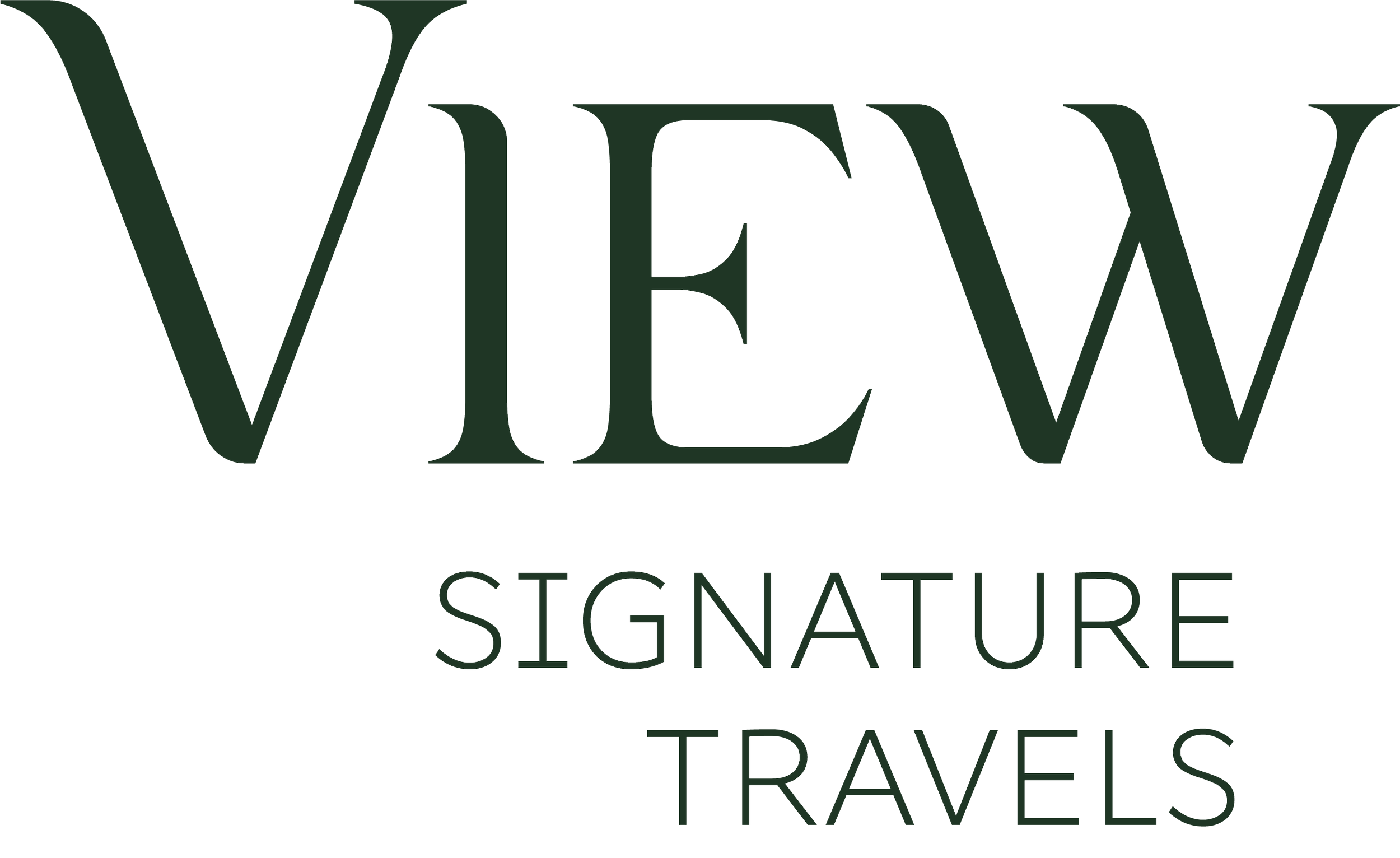 Logo de 'VIEW SIGNATURE TRAVELS' en letras verdes oscuras sobre fondo blanco.