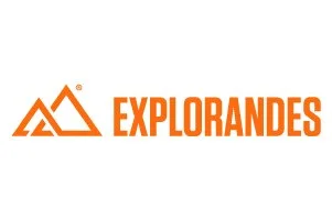Logotipo de Explorandes con un símbolo de montaña y el texto en color naranja