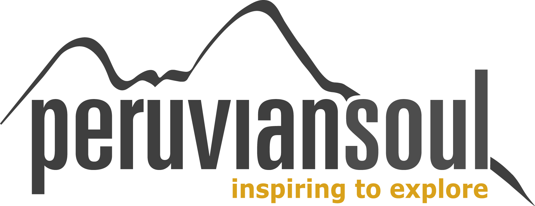 Logo de Peruvian Soul con montañas en el fondo y letras grandes, con el lema 'inspiring to explore' en color amarillo.