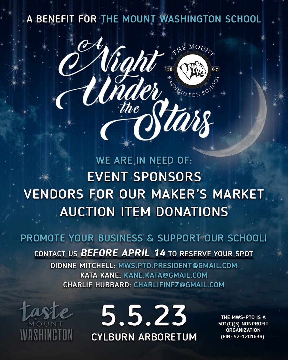 We are in need of 💫SPONSORS, 
🌟VENDORS, and ✨AUCTION ITEM donations to make our event a success!

The MWS-PTO is hopeful and excited for this year's event; we anticipate that we will not only raise much needed funds for our scholars and teachers, b