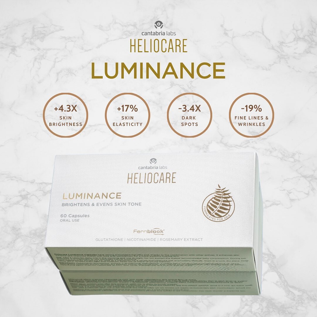 Newly launched, Cantabria Labs takes its patented Fernblock Extract and adds active ingredients Gluthathione, Nicotinamide and Rosemary extract to give us Heliocare Luminance. 

The synergistic ingredients work together to clinically improve hyperpig