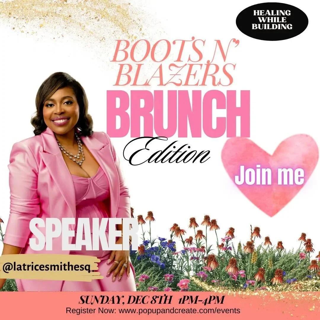 A promotional flyer for a brunch event titled 'Boots N' Blazers Brunch Edition' featuring a smiling woman in a pink outfit, with floral decorations and text inviting to join as a speaker, scheduled for December 8th from 1 PM to 4 PM, with registration details.