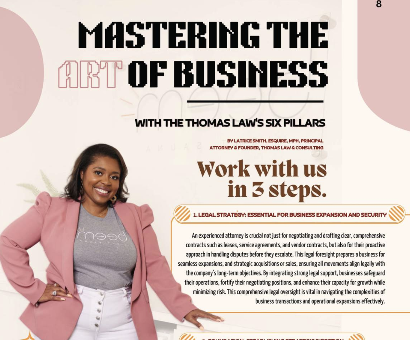 Book cover titled 'Mastering the Art of Business with the Thomas Law's Six Pillars' by Latrice Smith. Features a woman with dark hair, wearing a gray shirt and pink blazer, smiling with her hand on her hip, against a light background with pink and beige circles.