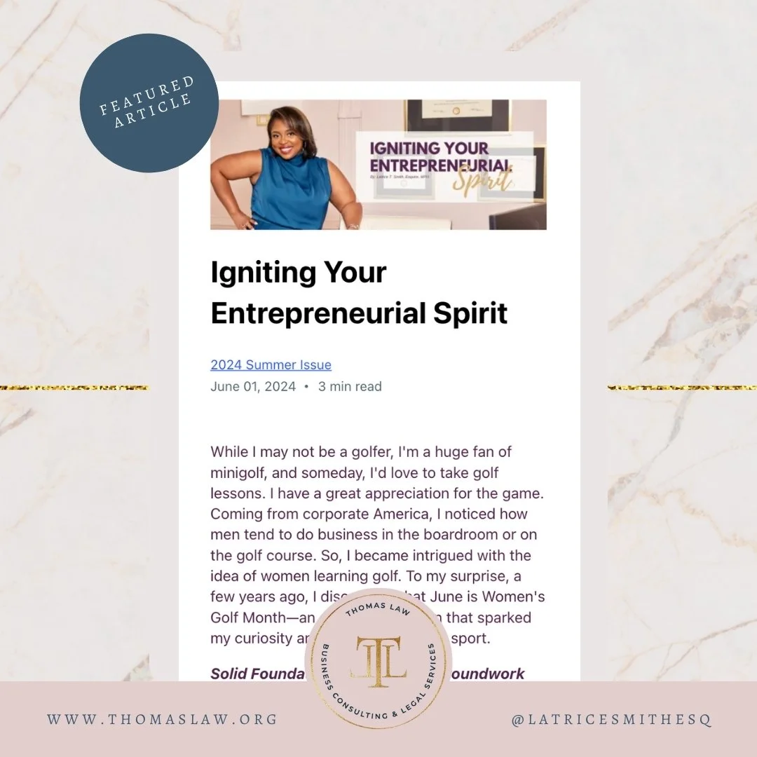 An online article titled "Igniting Your Entrepreneurial Spirit" featuring a smiling woman in a blue dress. The article is part of the 2024 Summer Issue, dated June 1, 2024. The layout includes a logo for Thomas Law Business Consulting & Legal Services and a website URL www.thomaslaw.org.