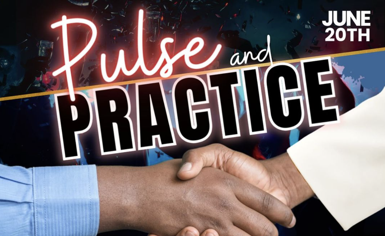 A promotional poster for an event titled 'Pulse and Practice' scheduled for June 20th. The background depicts a lively scene with people celebrating and raising glasses. In the foreground, two individuals are shaking hands, symbolizing connection or partnership.