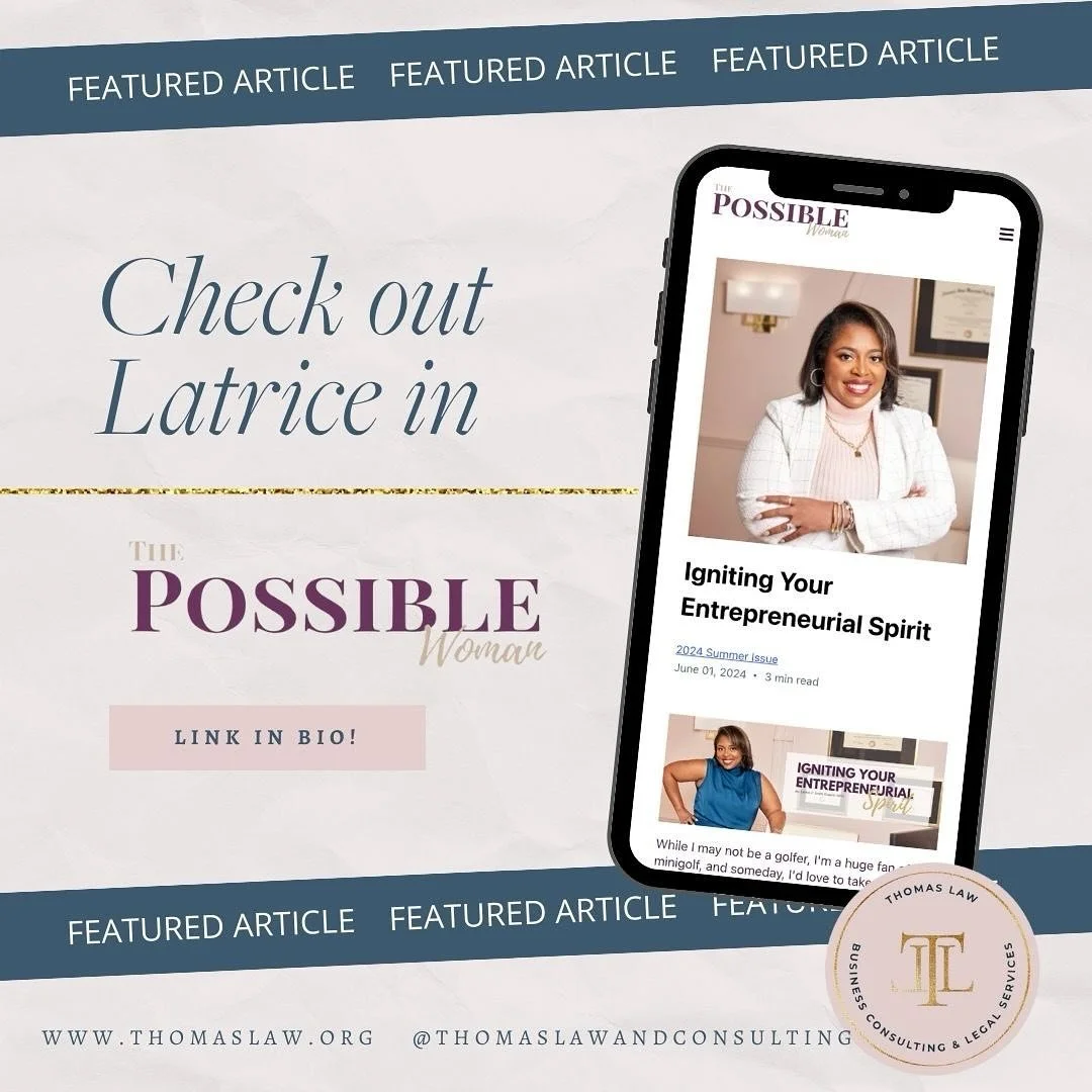 Promotional graphic for Latrice, featuring she on a mobile device screen, with the headline 'Check out Latrice in The Possible Woman,' and details about an article titled 'Igniting Your Entrepreneurial Spirit,' along with website and social media links.
