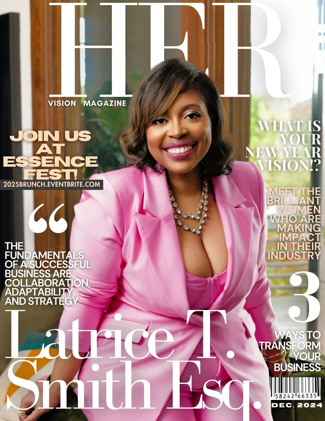 Cover of HER Vision Magazine featuring Latrice T. Smith Esq. in a pink blazer, smiling, with text highlighting a success business interview, women making an industry impact, and New Year vision.