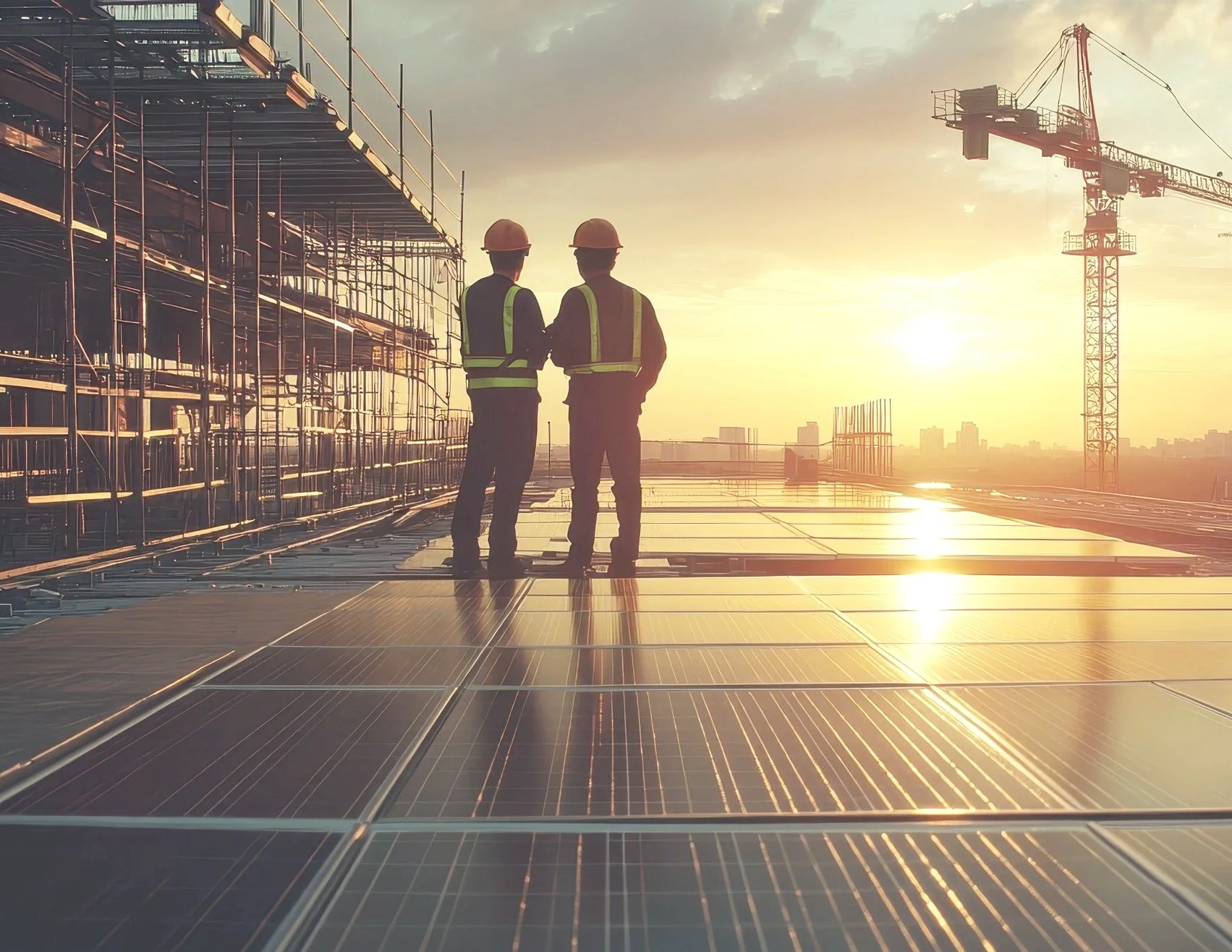 Two construction workers wearing hard hats and safety vests standing on a building rooftop with solar panels, talking during sunset with a city skyline and crane in the background.