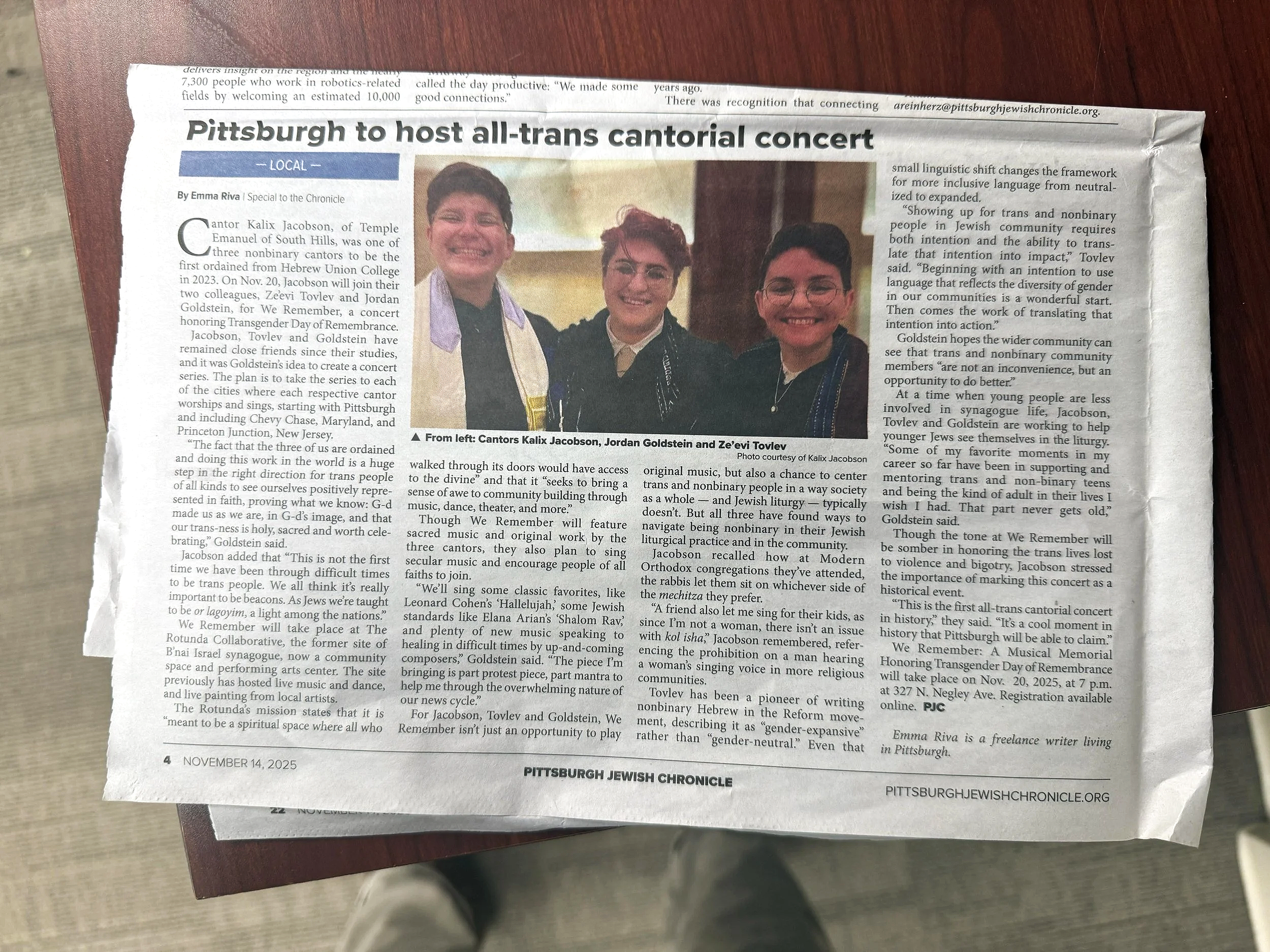Coverage of the historic first Nonbinary Cantors' Concert in the Pittsburgh Jewish Chronicle