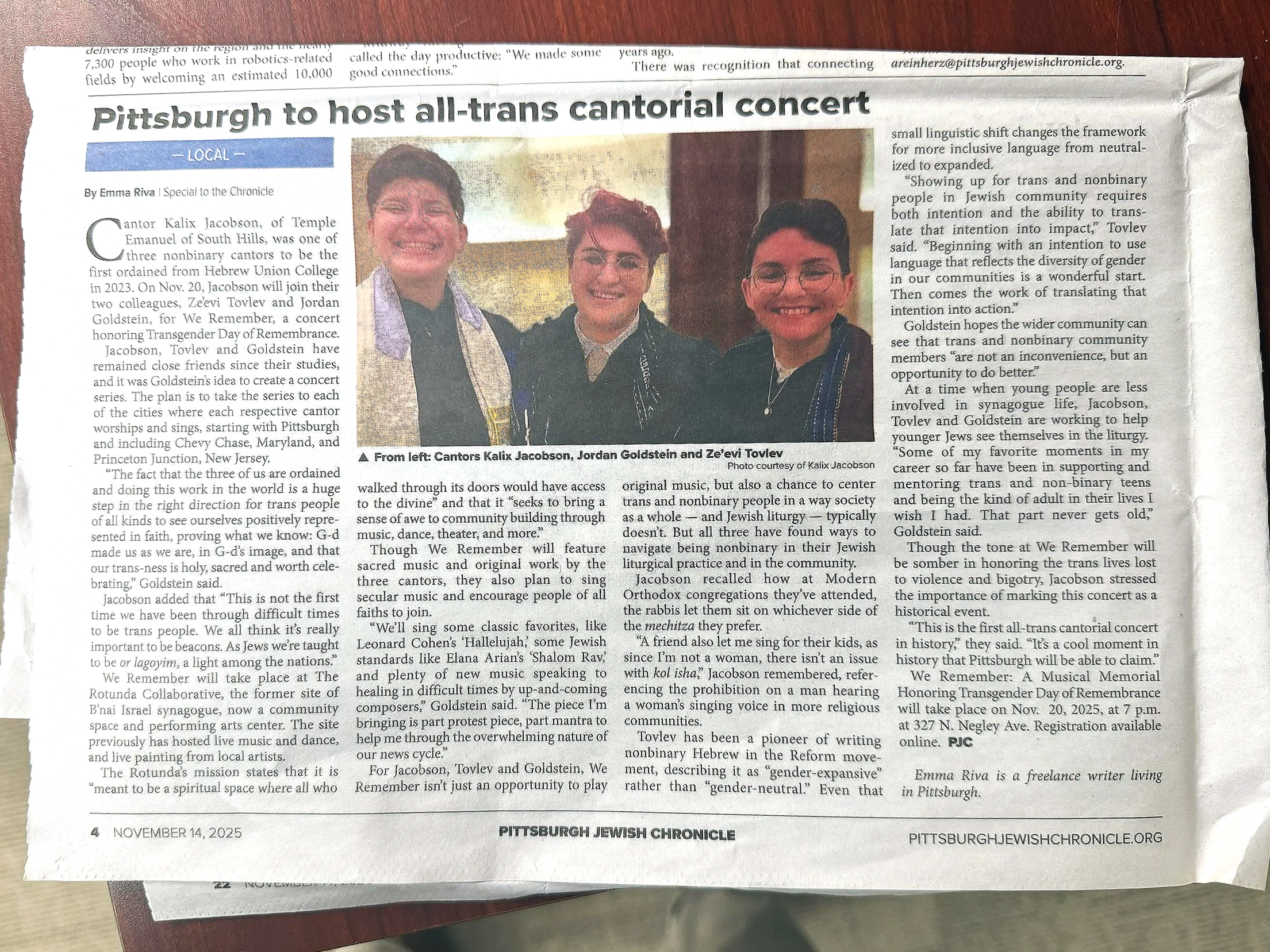Coverage of the historic first Nonbinary Cantors' Concert in the Pittsburgh Jewish Chronicle