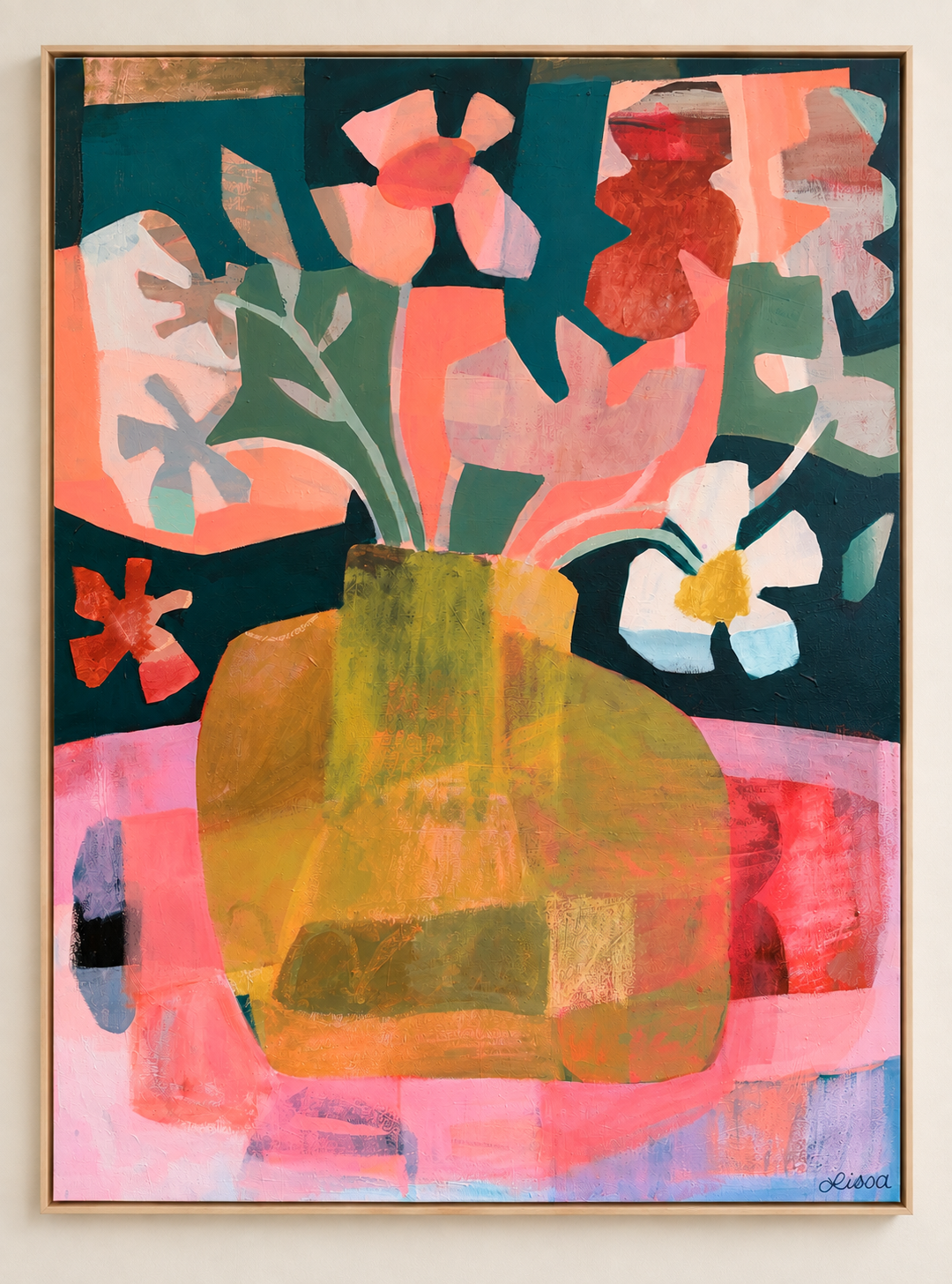 Abstract painting of a potted plant with large leaves and flowers, featuring bold colors like green, pink, orange, and white, signed 'Lisa' in the bottom right corner.