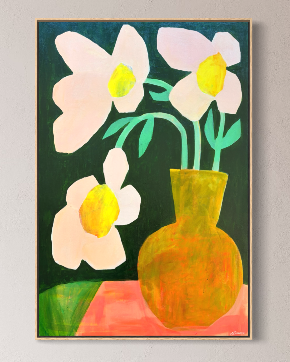 A colorful painting of white flowers with yellow centers in a yellow vase on a pink surface, with a dark green background.