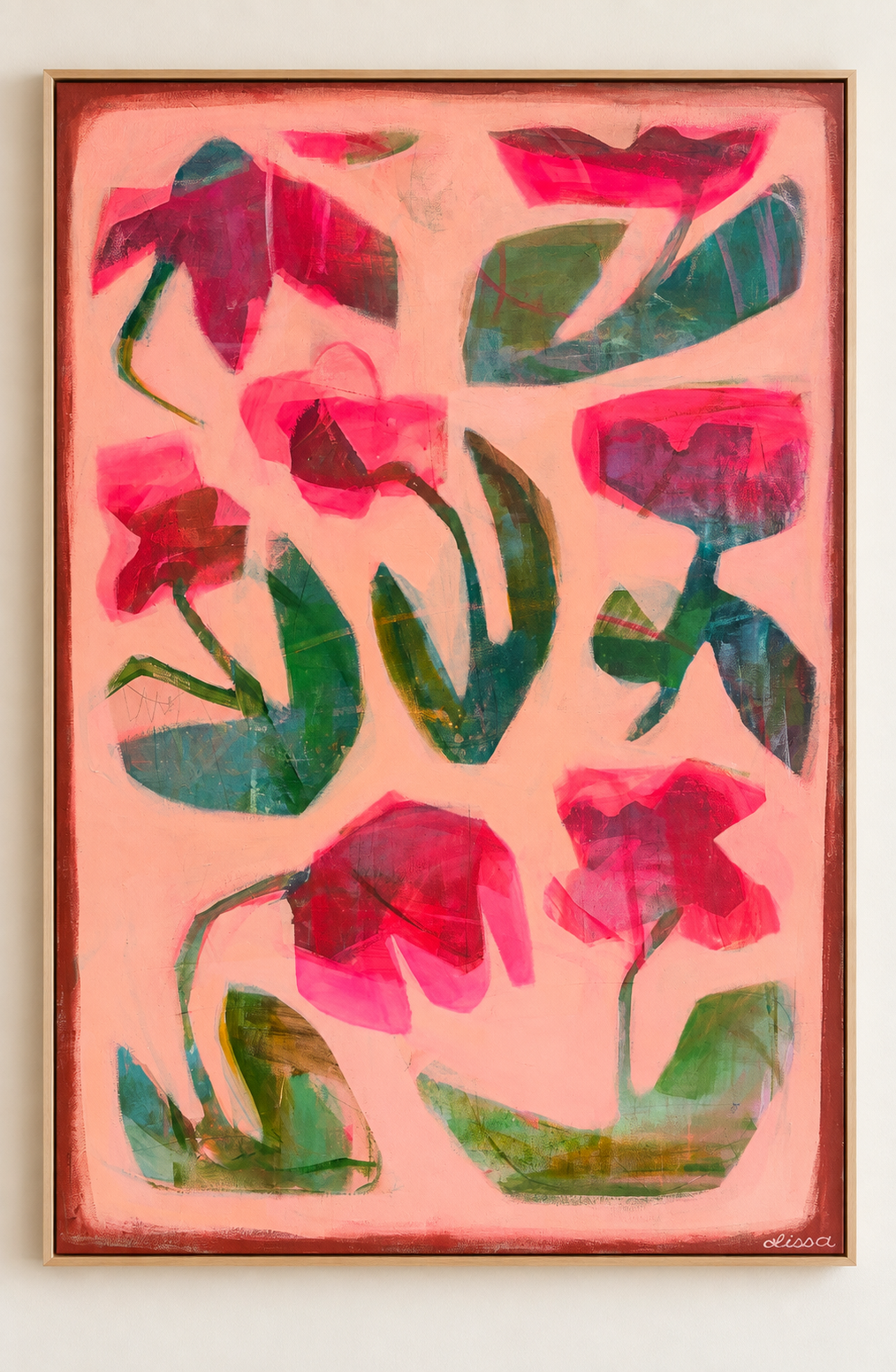 Abstract painting of flowers with pink, red, and green colors on a pink background.