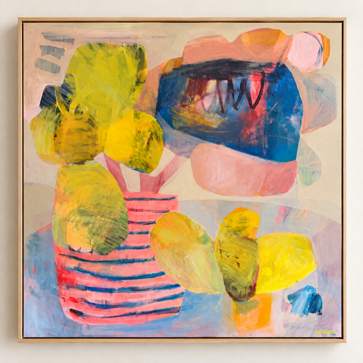 An abstract painting of a potted plant with yellow-green leaves in a striped red and pink pot, with a large, colorful mouth in the background.