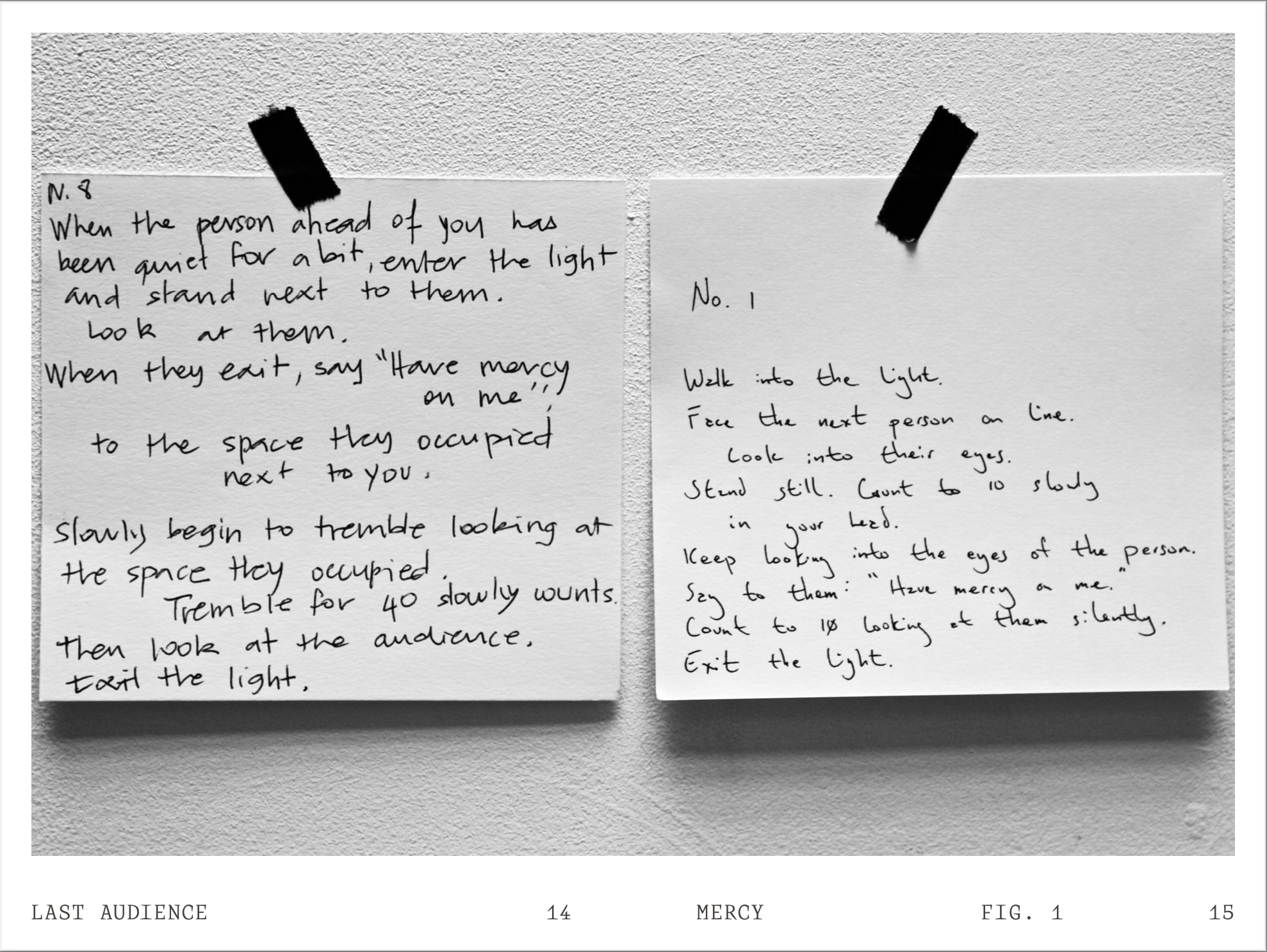 Two square paper cards with handwritten instructions taped side by side to a wall. A Mercy score in the performance manual. Photos by Simon Courchel. 