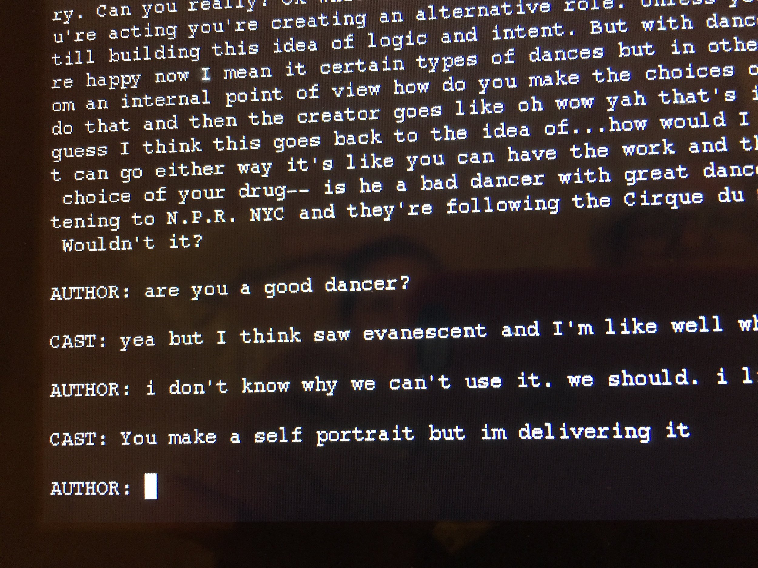 White monospaced text showing a conversation between “Author” and “Cast” on a black background.