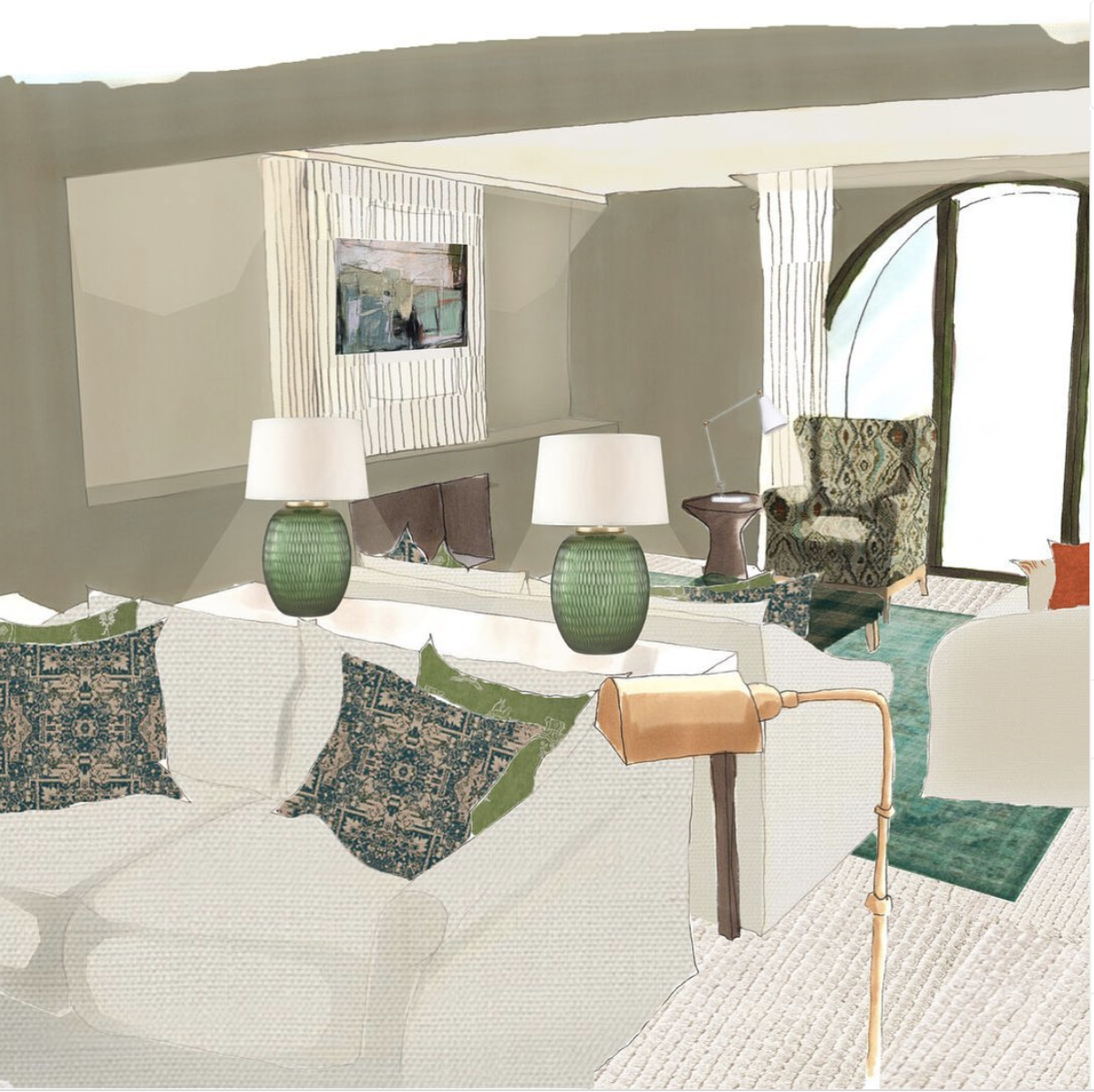 Living room with patterned throw pillows on a white sofa, green table lamps, a patterned armchair near a large window, and a wall-mounted TV surrounded by striped curtains.