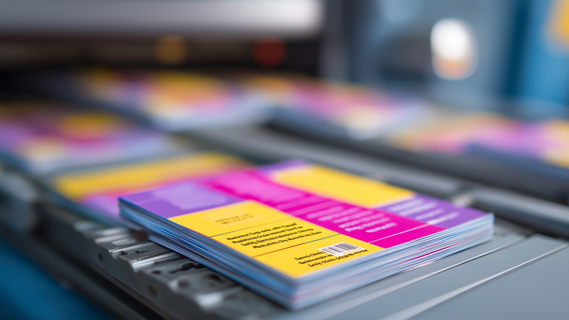 Colorful brochures or flyers on a conveyor belt or printing press.