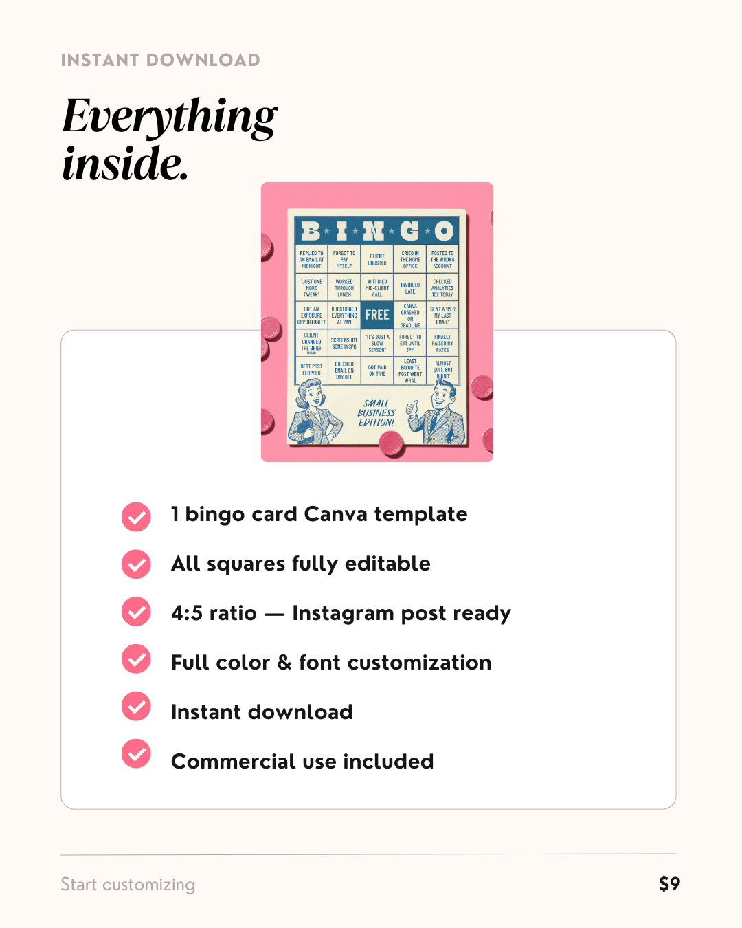 What's included in the bingo card Canva template — checklist showing editable squares, 4:5 ratio, instant download, and commercial use license
