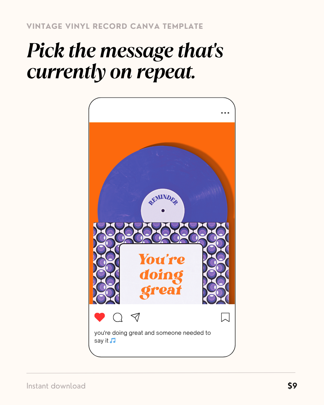 Vintage vinyl record Canva template styled as a finished Instagram post with sample caption — showing how the template looks when posted