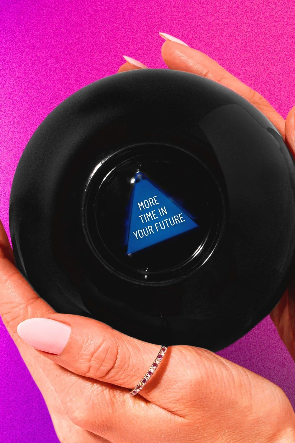 Canva template of a woman holding a magic 8 ball that reads "more time in your future"