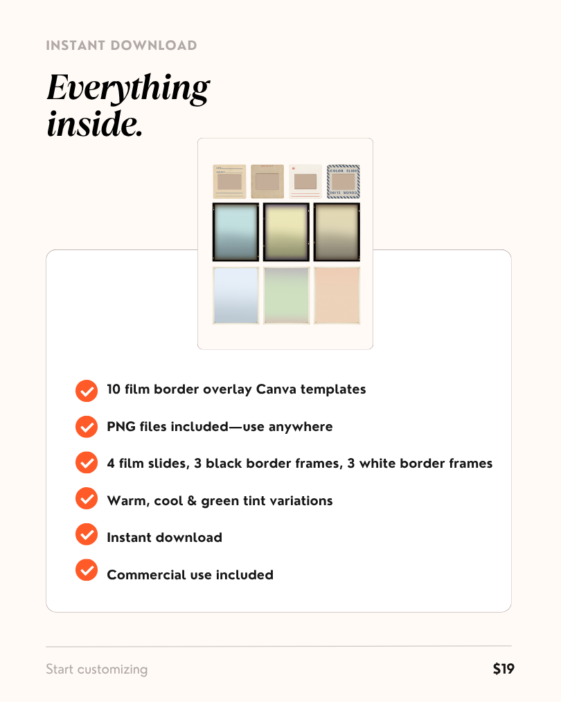 What's included in the film border overlay bundle — 10 Canva templates and PNG files including film slides, black border frames, and white border frames with warm cool and green tint variations