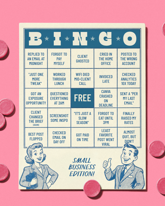Small Business Bingo card Canva template in blue and pink with relatable freelance squares like "client changed the brief" and "best post flopped" — editable Instagram content template