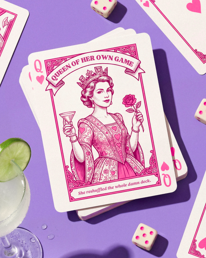 "Queen of Her Own Game" playing card Canva template featuring a vintage queen illustration on a purple background — editable Instagram post template for women in business