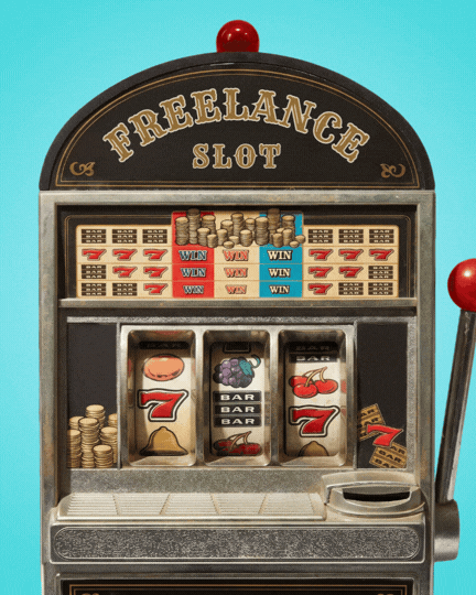 Freelance slot machine Canva template with spinning reels on a teal background — editable Instagram reel template for small business owners and content creators