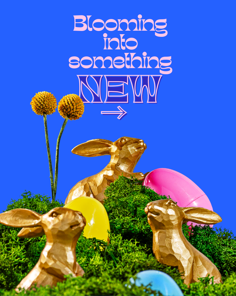 An image of gold rabbit statues in moss and grass with colorful easter eggs with the text "blooming into something new." Canva template by Shamblen Studios.