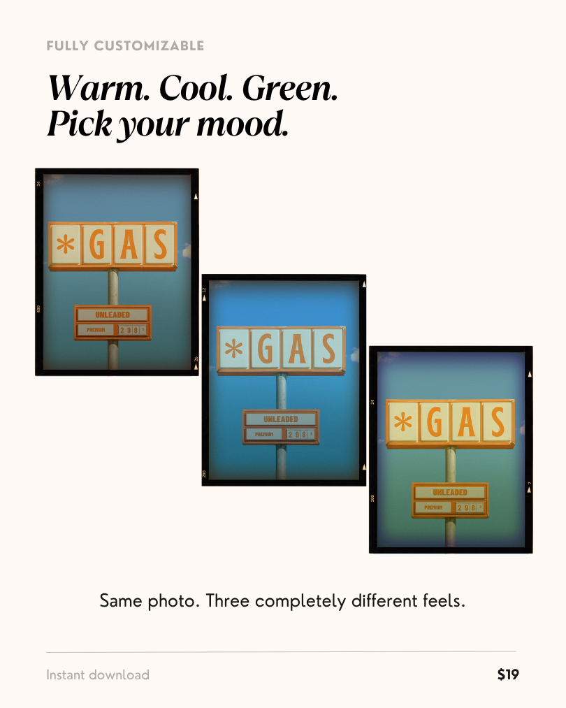 Three tint variations of the black border film frame Canva overlay — cool tint, green tint, and warm tint shown over the same photo of a gas station sign