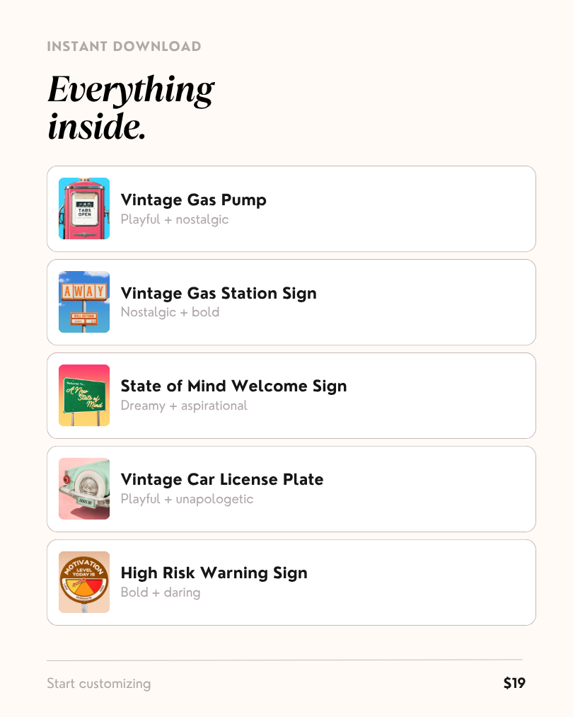 What's included in the Out West Canva template bundle — checklist showing all 5 templates with vibe descriptors, instant download, and commercial use license
