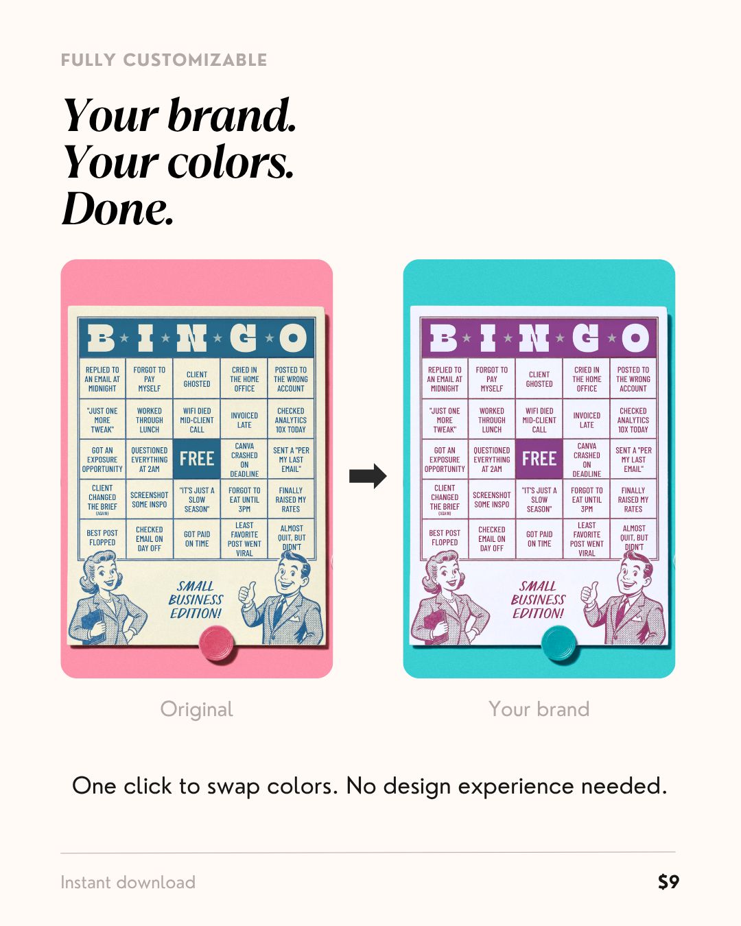 Two color variations of the bingo card Canva template — showing how easily the template customizes to different brand colors